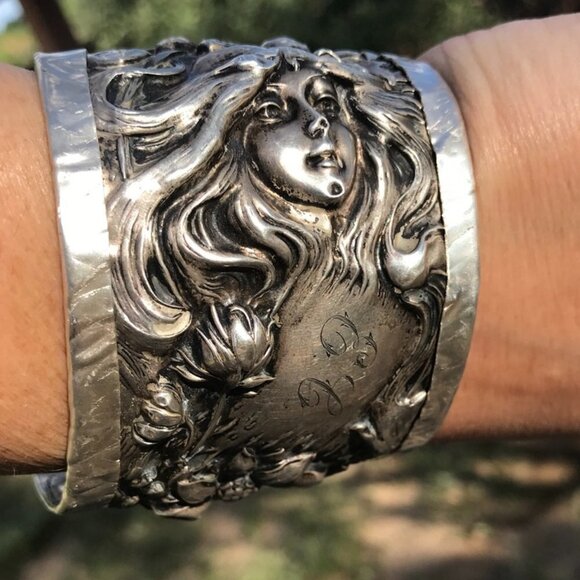 Antique Art Nouveau American Beauty Sterling Silver 925 Cuff Bracelet Lady Face